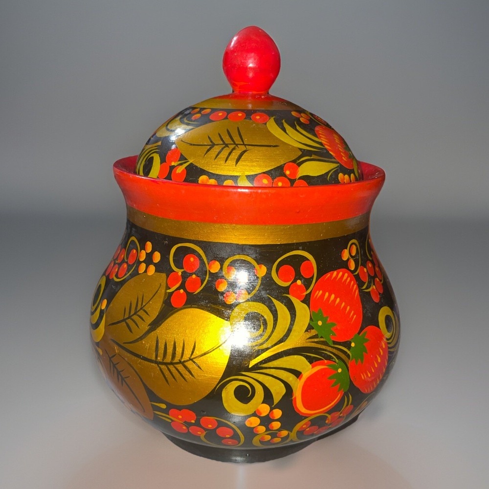 VTG Russian Khokhloma Folk Art Strawberries Painted Jar Lid Sugar Bowl Black Red